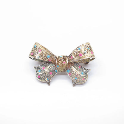 925 Sterling Silver Gold Plated Vintage Enamel Bow Filigree Pin Brooch