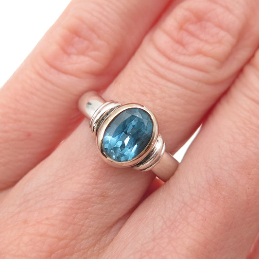 925 Sterling Silver Vintage Real Blue Topaz Modernist Oxidized Ring Size 5.75