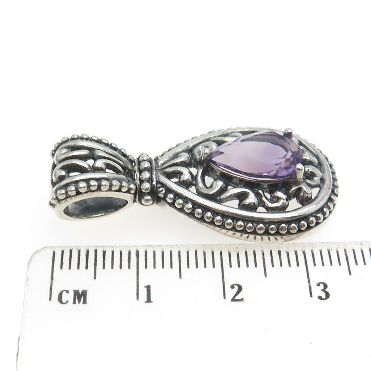 925 Sterling Silver Vintage Real Pear-Cut Amethyst Ornate Drop Pendant