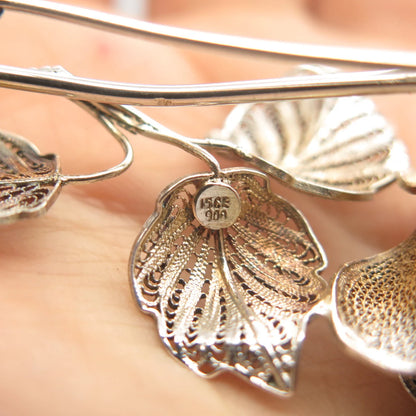 900 Coin Silver Vintage Rose Floral Filigree Pin Brooch