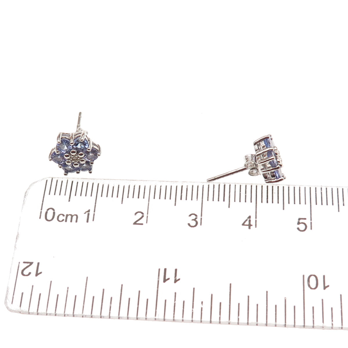 925 Sterling Silver Real Round-Cut Diamond & Tanzanite Floral Stud Earrings