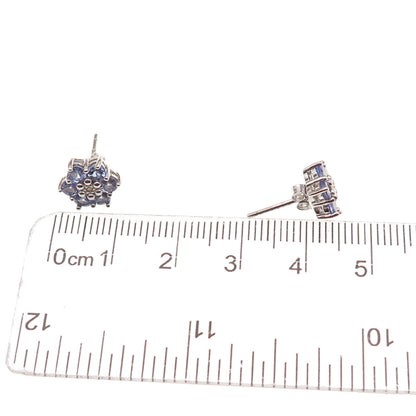 925 Sterling Silver Real Round-Cut Diamond & Tanzanite Floral Stud Earrings