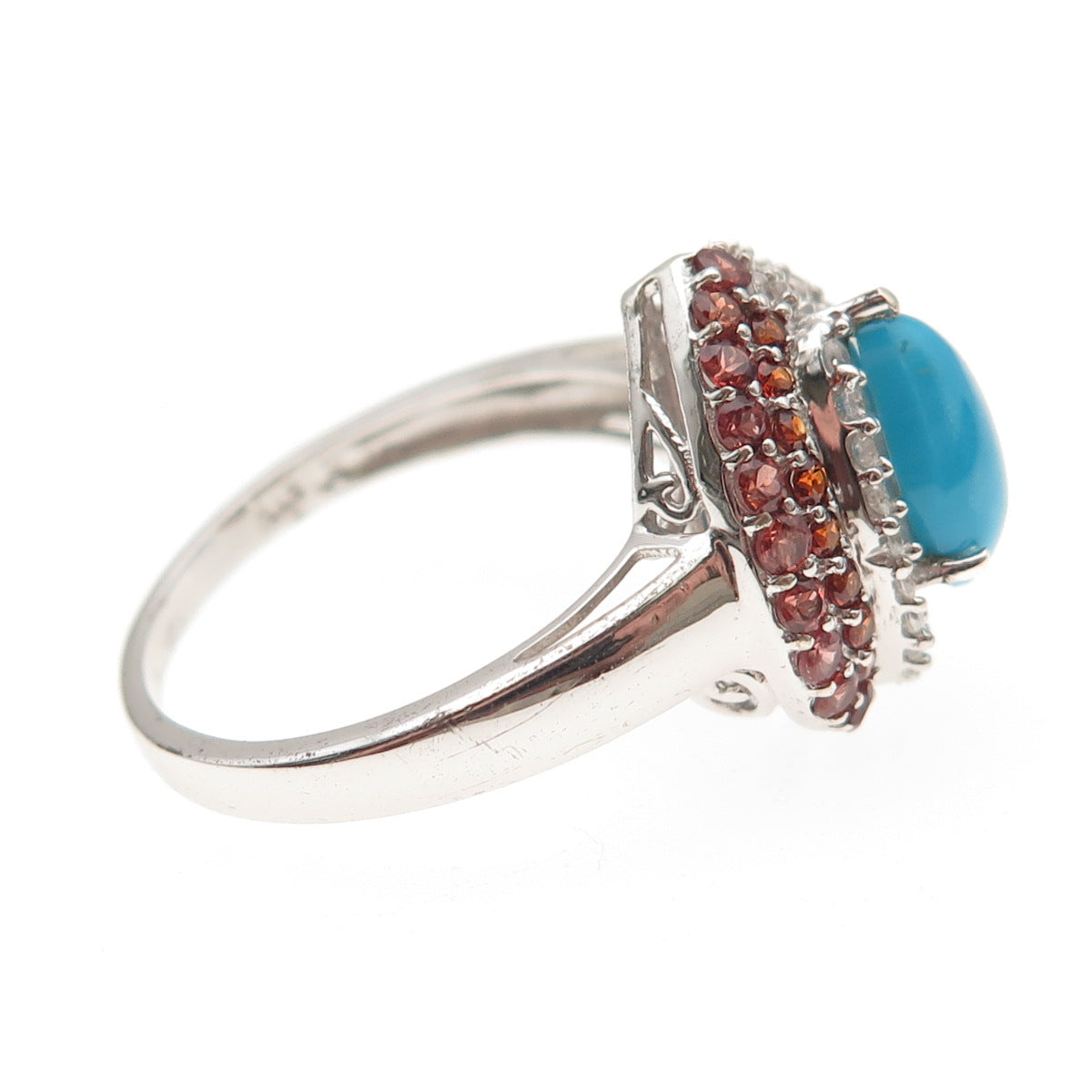 Chuck Clemency 925 Sterling Real Turquoise Red Garnet & White Topaz Ring Size 10