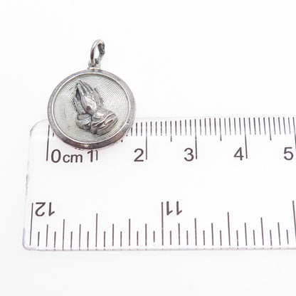 CREED 925 Sterling Silver Vintage Praying Hands Oxidized Charm Pendant