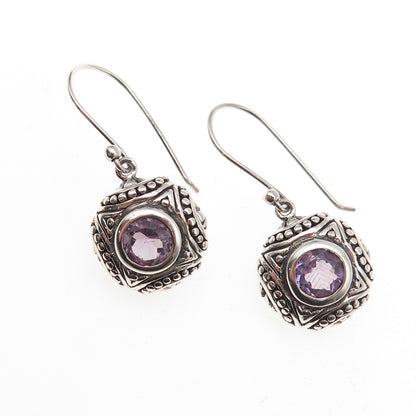 925 Sterling Silver Vintage Real Amethyst Dotted Oxidized Dangle Earrings