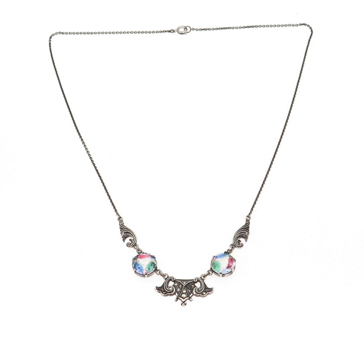 925 Sterling Silver Antique Art Deco Rainbow Rhinestone & Marcasite Necklace 16"