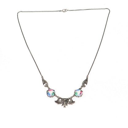 925 Sterling Silver Antique Art Deco Rainbow Rhinestone & Marcasite Necklace 16"