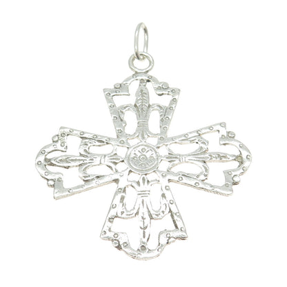 925 Sterling Silver Antique Art Deco Fleur de Lis Cross Religious Pendant