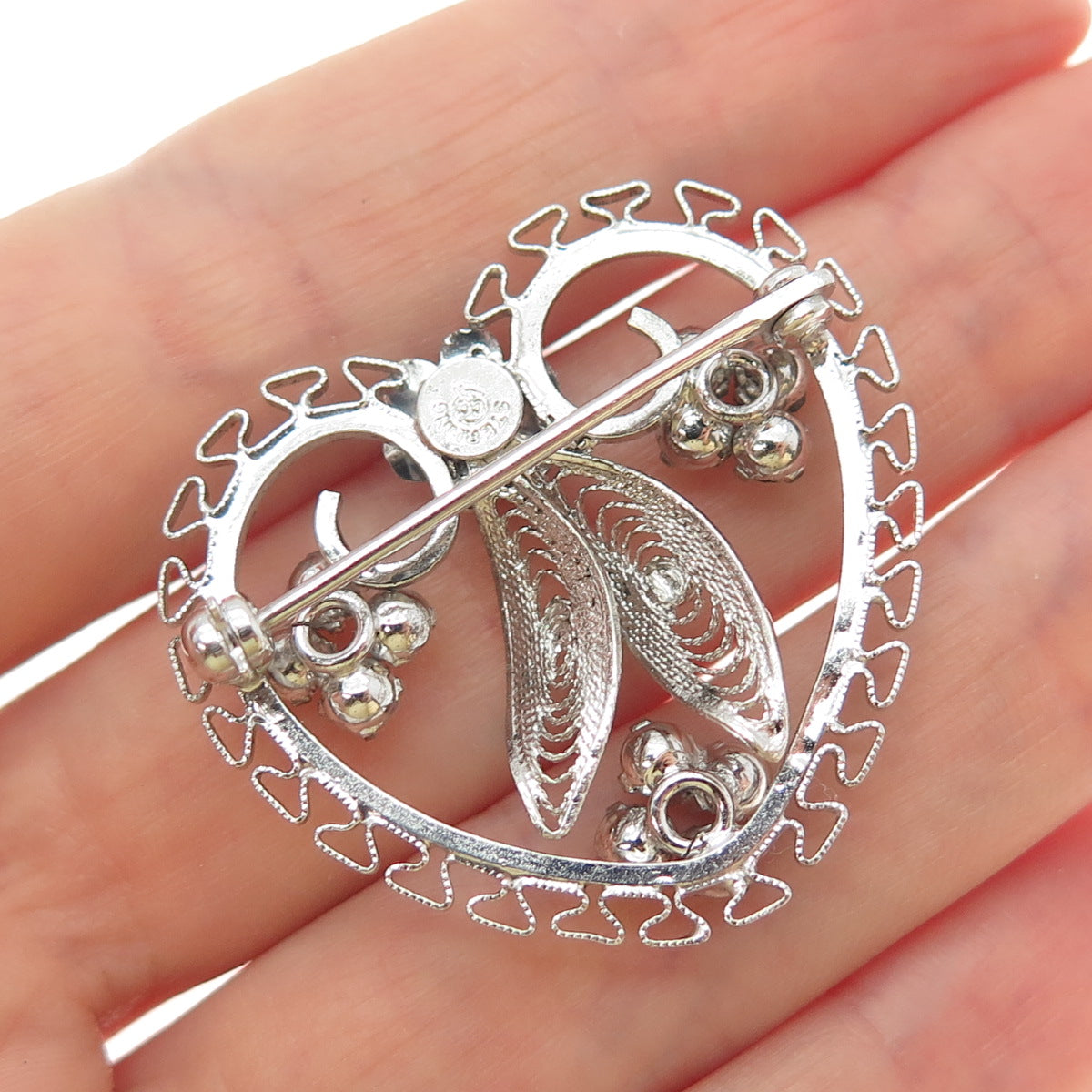 CURTIS CREATIONS Sterling Vintage Rhinestone Flower & Heart Filigree Pin Brooch