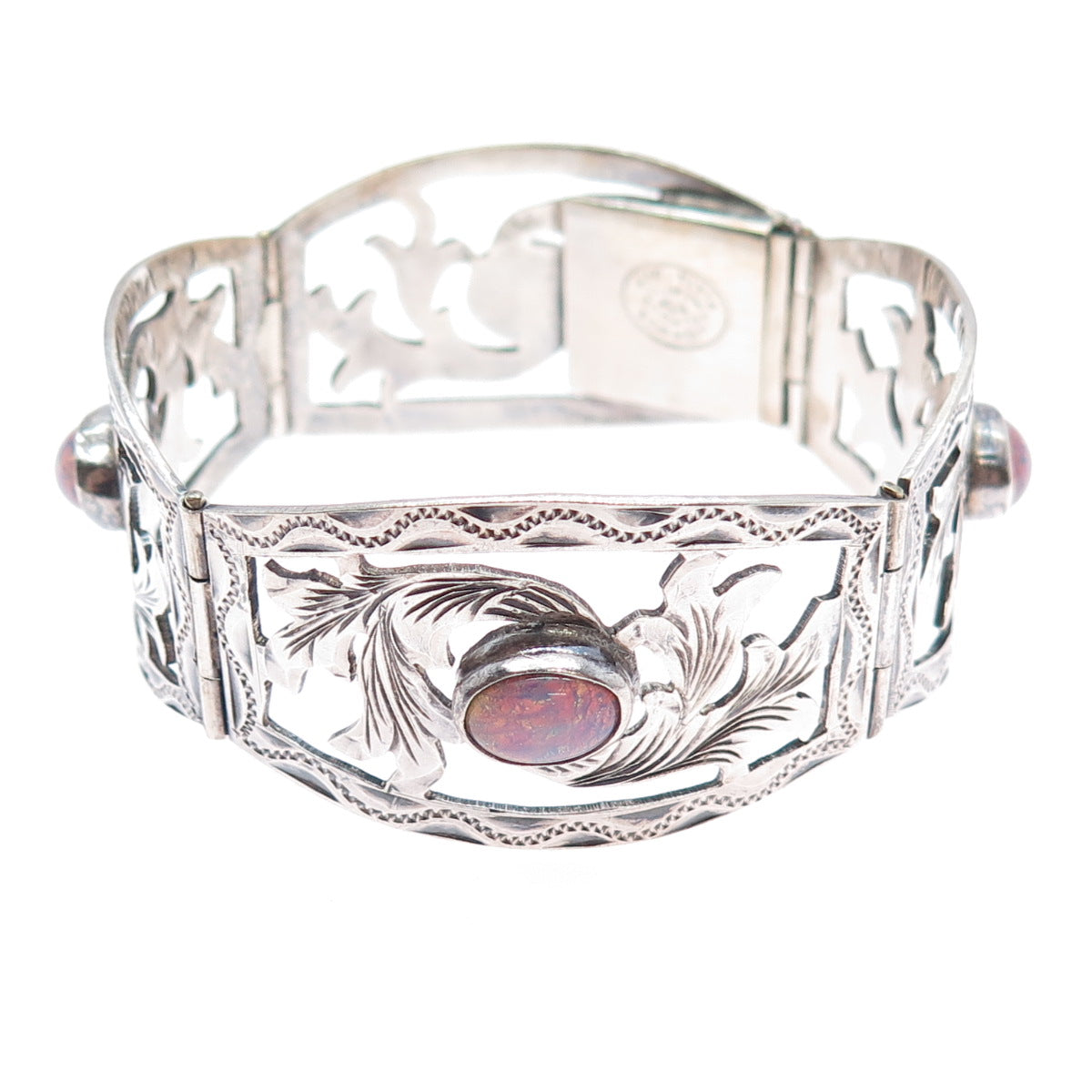 JOY 925 Sterling Silver Vintage Mexico Dragon Breath Opal Floral Bracelet 7.25"