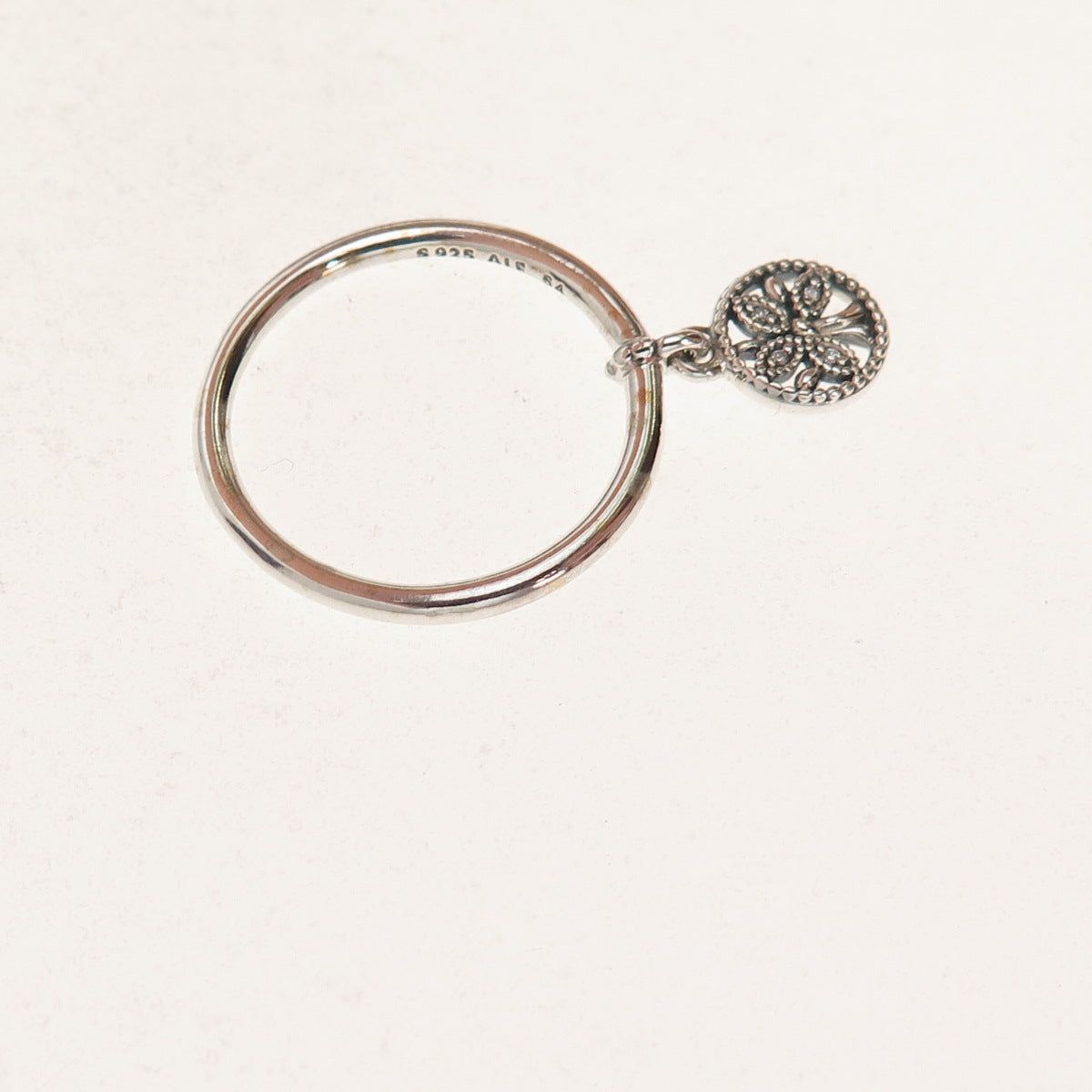 Pandora 925 Sterling Silver Round-Cut C Z Tree of Life Dangle Charm Ring Size 6