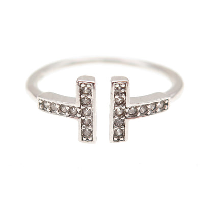 925 Sterling Silver Round-Cut C Z T-Shape Adjustable Ring Size 6.25