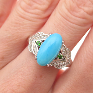925 Sterling Real Sleeping Beauty Turquoise White Topaz & Peridot Ring Size 8.25