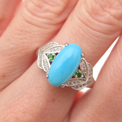 925 Sterling Real Sleeping Beauty Turquoise White Topaz & Peridot Ring Size 8.25