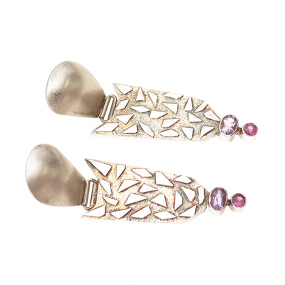 925 Sterling Silver Vintage Real Amethyst Modernist Oxidized Dangle Earrings