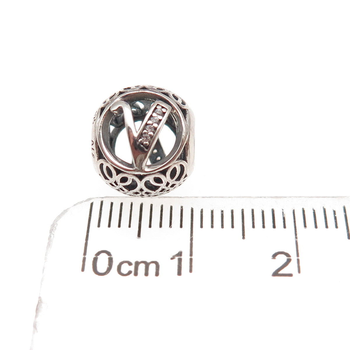 Pandora 925 Sterling Silver C Z Letter V Initial Slide Bead Charm
