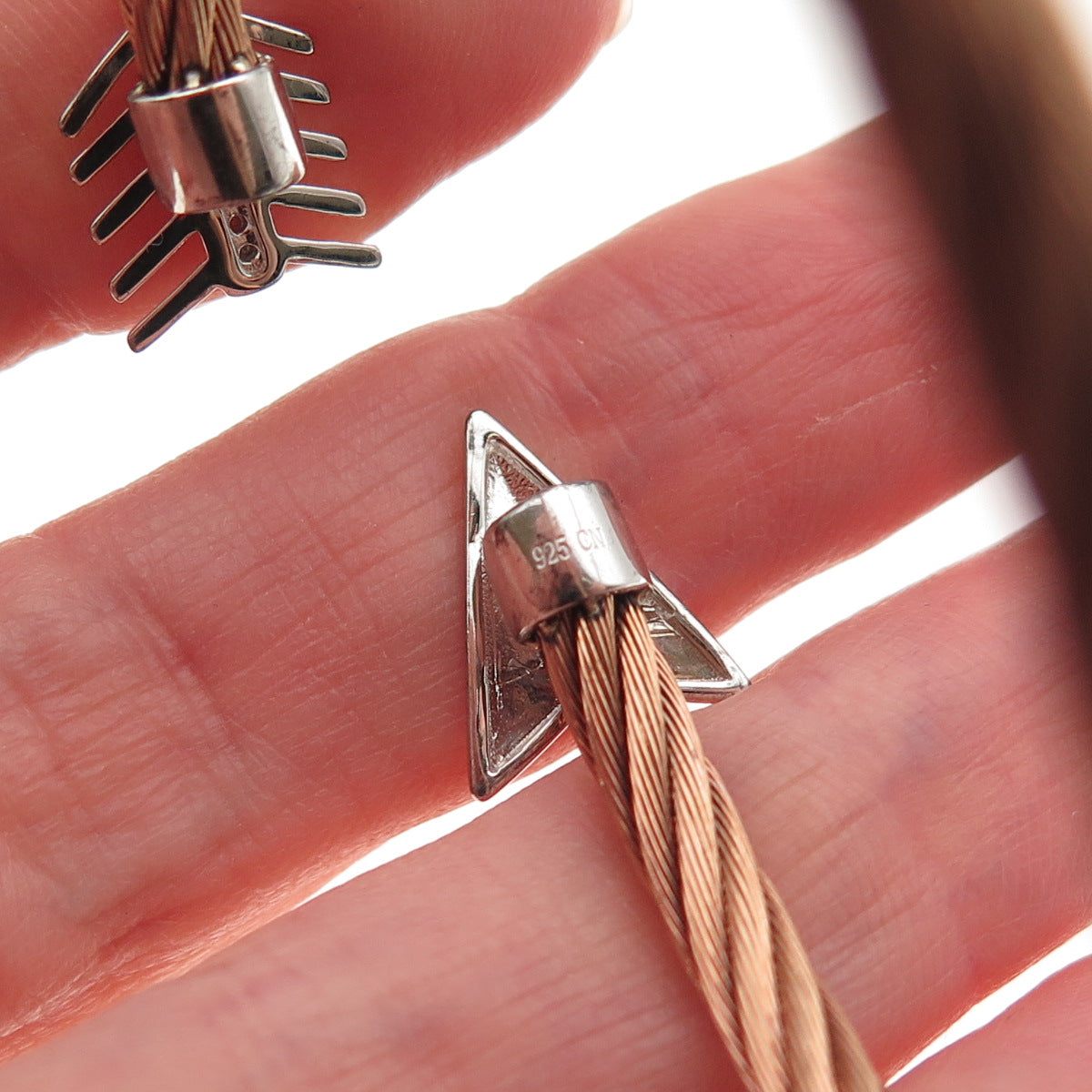 925 Sterling Accent & Stainless Steel Real Diamond Arrow Adjustable Bracelet 7"