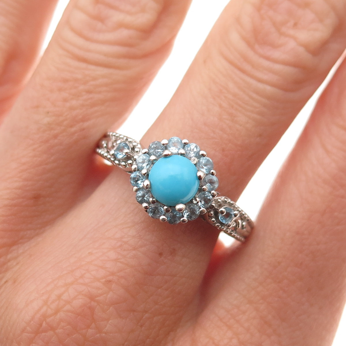 Chuck Clemency 925 Sterling Silver Real Turquoise & Blue Topaz Ring Size 8.25