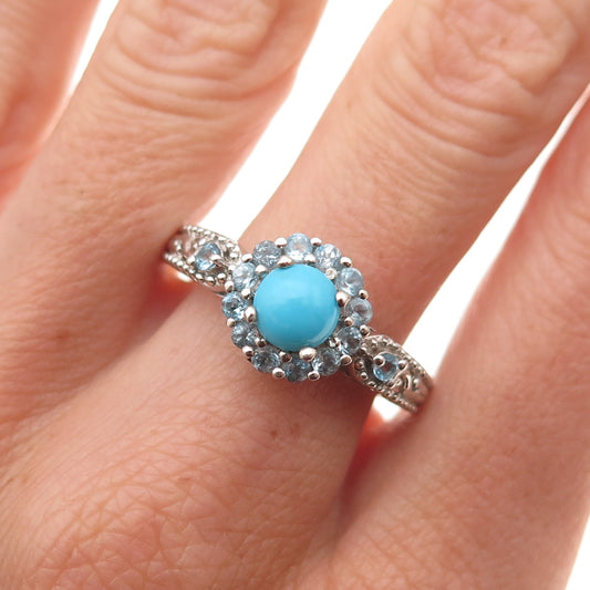 Chuck Clemency 925 Sterling Silver Real Turquoise & Blue Topaz Ring Size 8.25