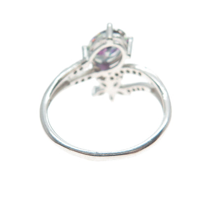 925 Sterling Silver Real Mystic Topaz & C Z Flower Bypass Ring Size 8.25