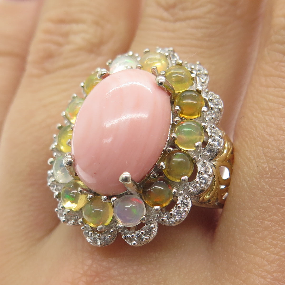 CHUCK CLEMENCY 925 Sterling Silver 2-Tone Coral Opal White Topaz Ring Size 7.25