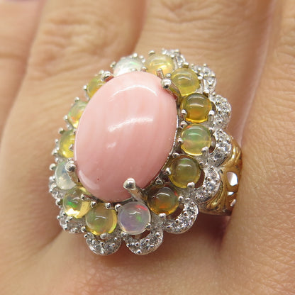 CHUCK CLEMENCY 925 Sterling Silver 2-Tone Coral Opal White Topaz Ring Size 7.25