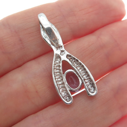 925 Sterling Silver Vintage Real Amethyst Twisted Wishbone Mini Charm Pendant