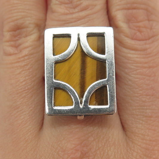 925 Sterling Silver Vintage Real Tiger Eye Gemstone Modernist Ring Size 6.5