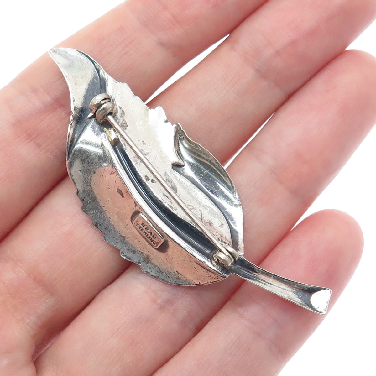 BEAU 925 Sterling Silver Vintage Leaf Oxidized Pin Brooch