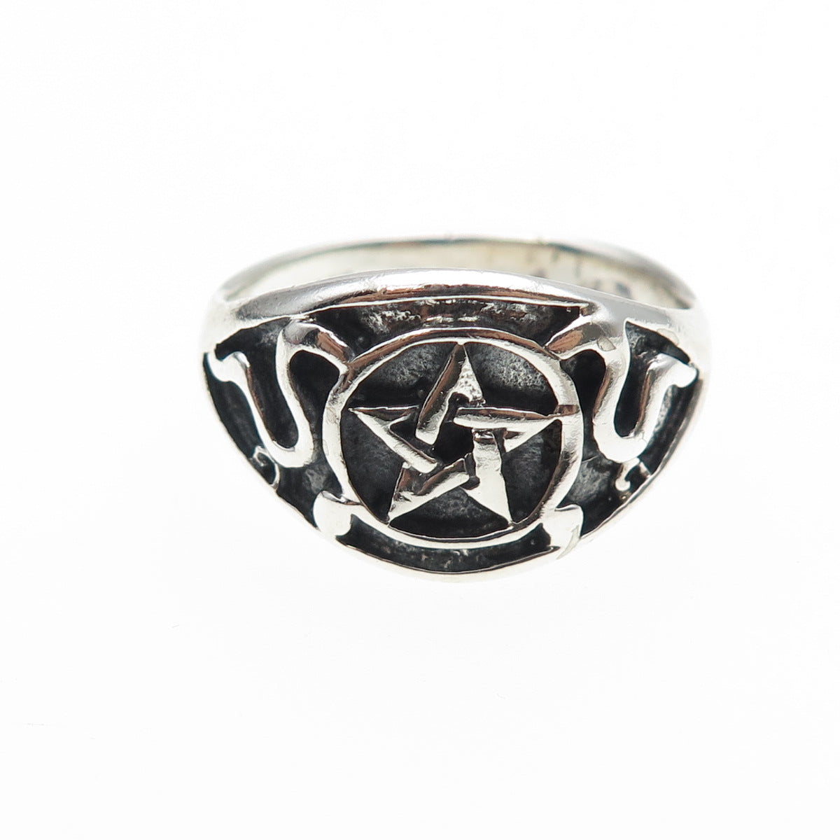 925 Sterling Silver Vintage Pentagram Oxidized Biker Ring Size 13