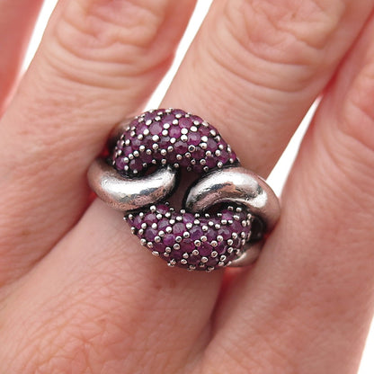 925 Sterling Silver Vintage Real Round-Cut Ruby Interlocked Ring Size 8.25