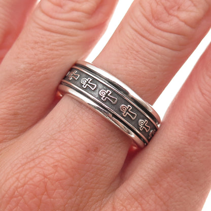 925 Sterling Silver Vintage Egyptian Ankh Rotating Oxidized Band Ring Size 10
