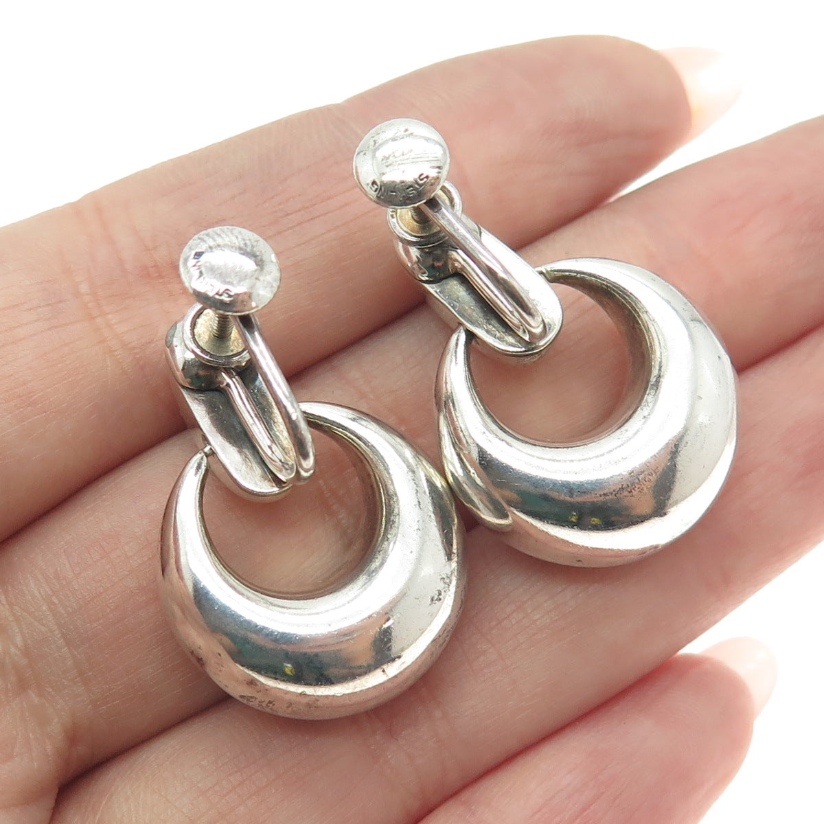 925 Sterling Silver Vintage Modernist Door Knocker Crescent Screw Back Earrings