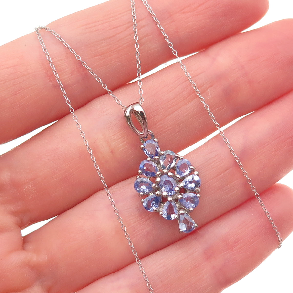D'Joy 925 Sterling Silver Real Tanzanite Floral Cable Chain Necklace 18"