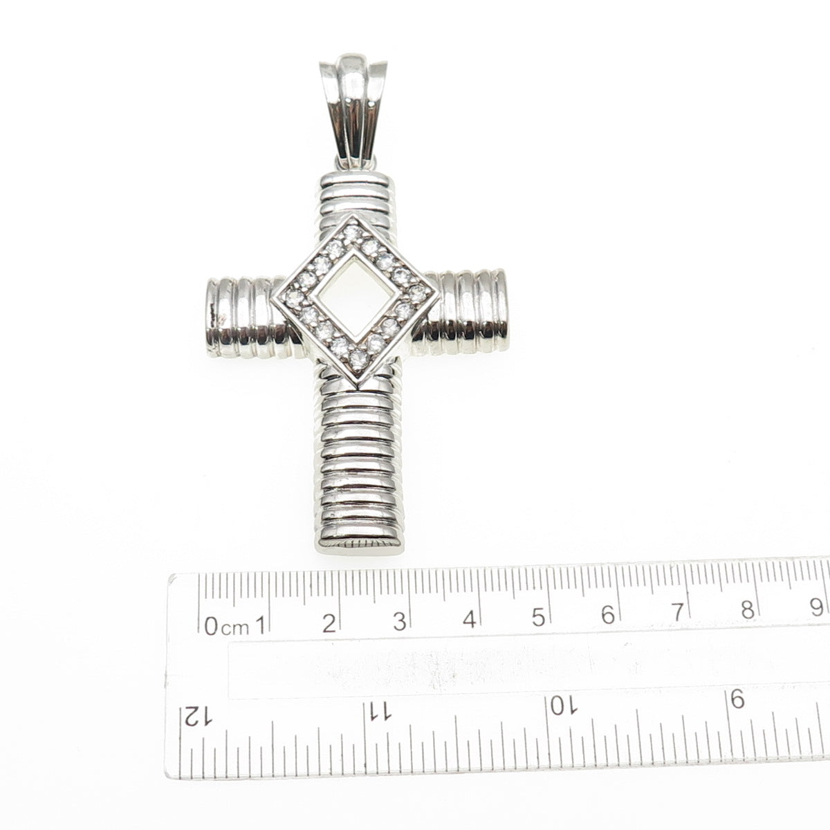 925 Sterling Silver Round-Cut C Z Ribbed Cross Large Pendant