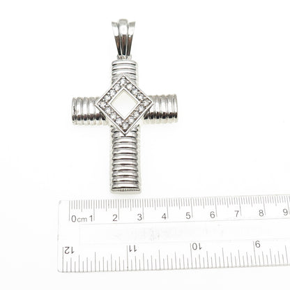 925 Sterling Silver Round-Cut C Z Ribbed Cross Large Pendant