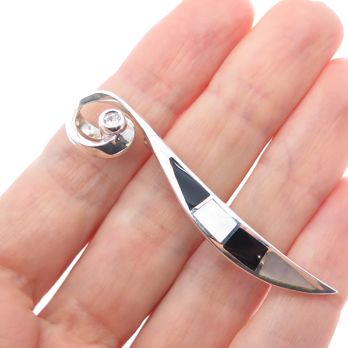 925 Sterling Silver Vintage Real Black Onyx White Topaz MOP Pin Brooch / Pendant