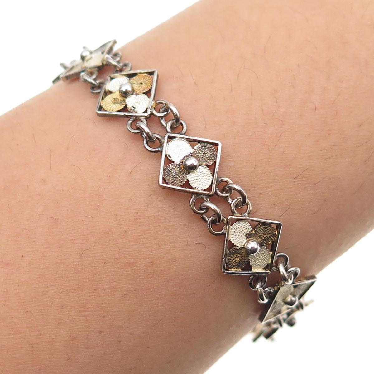 800 Silver Gold Plated Vintage European Flower Link Bracelet 7"