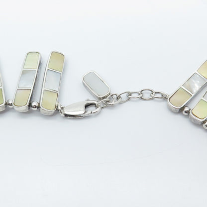 Sterling Silver Vintage ACLEONI Real Mother-of-Pearl Bar Chain Necklace 15"