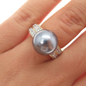 925 Sterling Silver Gold Plated Faux Pearl & C Z Ring Size 6