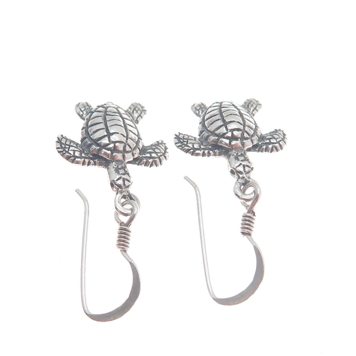 925 Sterling Silver Vintage Turtle Oxidized Dangle Hook Earrings