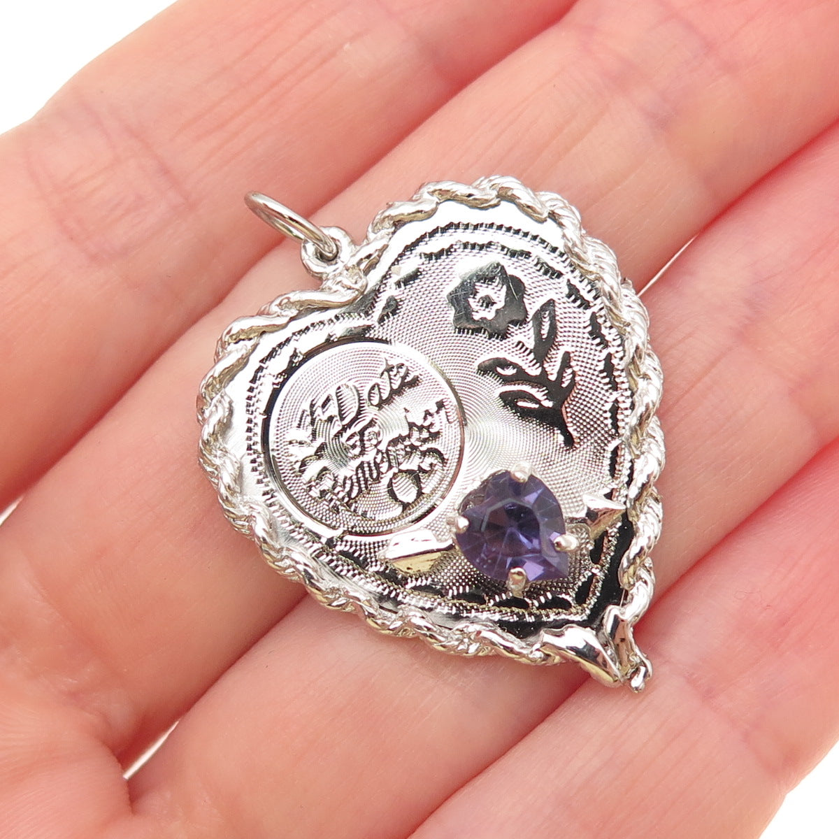 925 Sterling Silver Vintage Rhinestone A Date To Remember Heart Charm Pendant