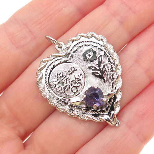 925 Sterling Silver Vintage Rhinestone A Date To Remember Heart Charm Pendant