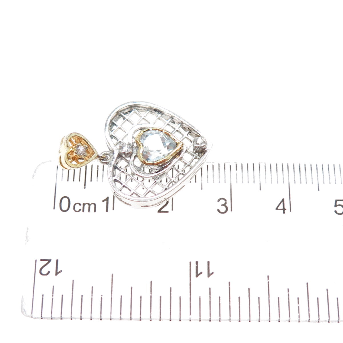 925 Sterling Silver 2-Tone Real Blue Topaz & C Z Heart Charm Pendant