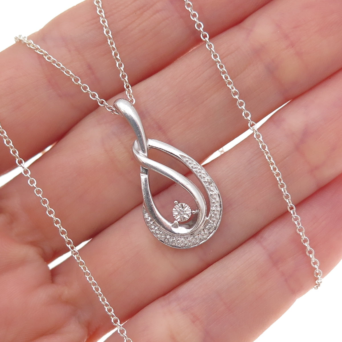 925 Sterling Silver Real Round-Cut Diamond Teardrop Cable Chain Necklace 18"