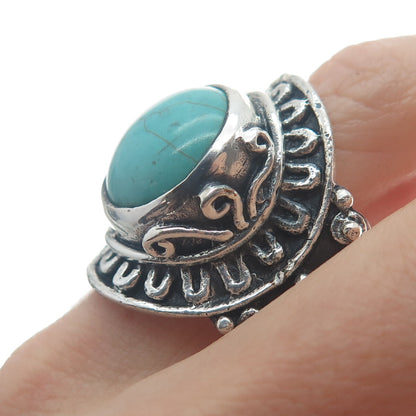 925 Sterling Silver Vintage Real Mountain Turquoise Sun Oxidized Ring Size 10.25