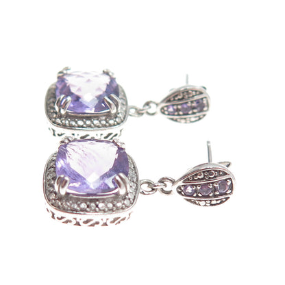 925 Sterling Silver Real Diamond Accent & Amethyst Dangle Earrings