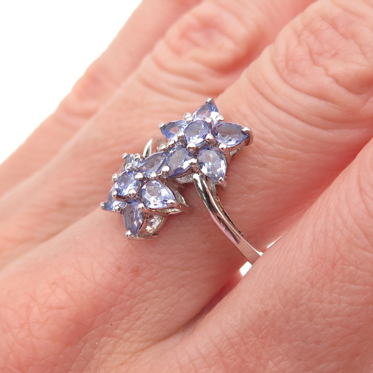 Chuck Clemency 925 Sterling Silver Real Tanzanite Floral Bypass Ring Size 8.25