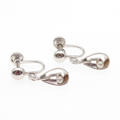 Marvel 925 Sterling Silver Vintage Real Pearl Screw Back Dangle Earrings