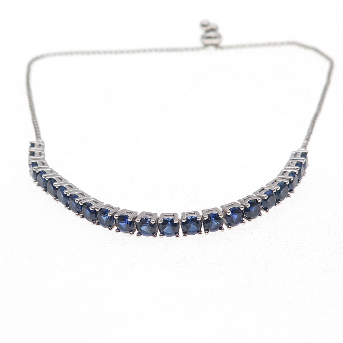 925 Sterling Lab-Created Sapphire Round Box Link Adjustable Bracelet 7-9.75"